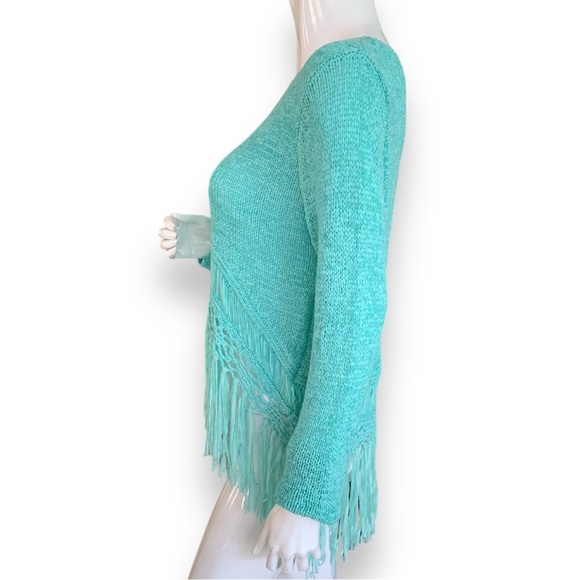 VENUS TURQUOISE KNIT SWEATER WITH CROCHETED FRINGE. WOMEN’S SIZE MEDIUM - Picture 4 of 9